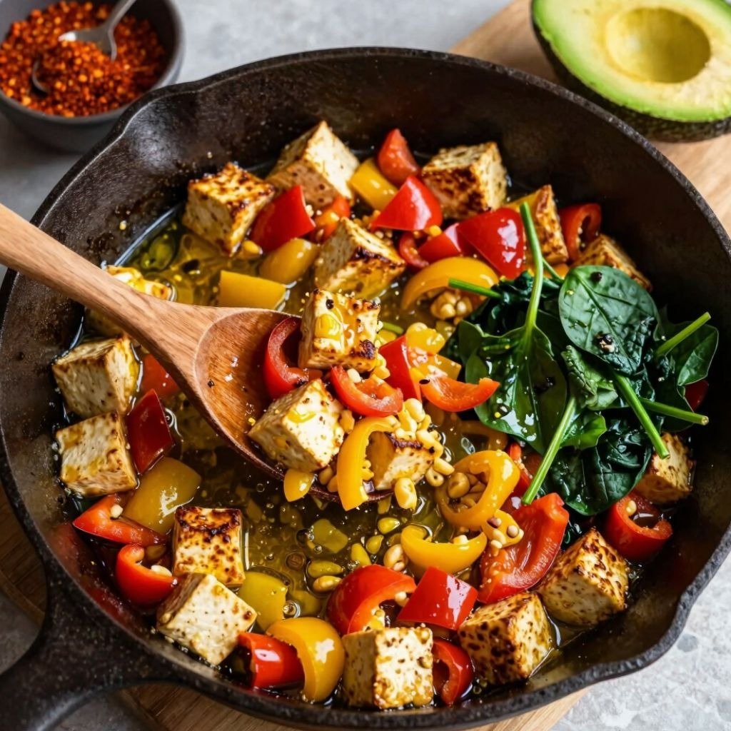 A cast iron skillet filled with sautéed tofu cubes, vibrant bell peppers, and fresh spinach for a healthy vegan meal.