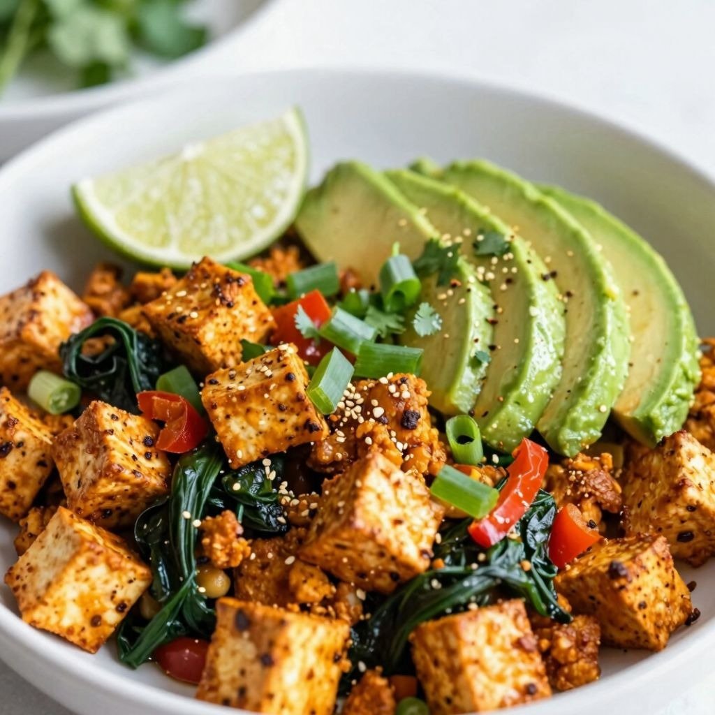 A healthy vegan bowl with crispy tofu cubes, fresh sliced avocado, sautéed spinach, and a lime wedge garnish.