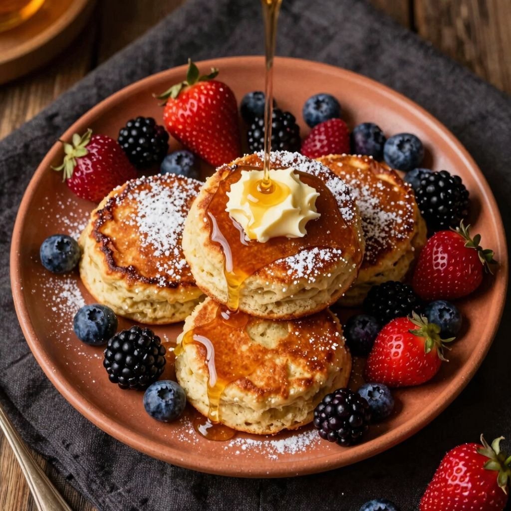 A stack of fluffy johnny cakes topped with butter and maple syrup, served with fresh strawberries an
