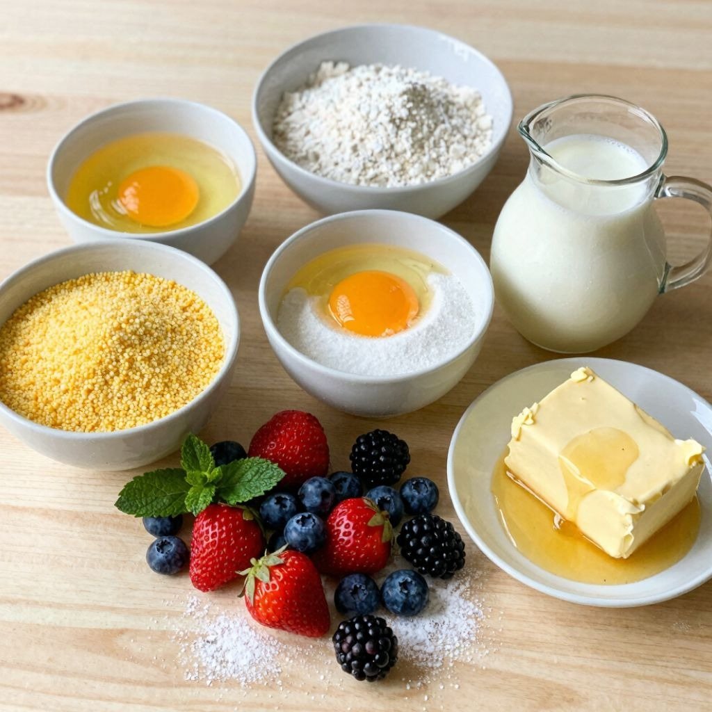 Fresh baking ingredients including eggs, flour, milk, butter, and berries arranged on a wooden table for a recipe.