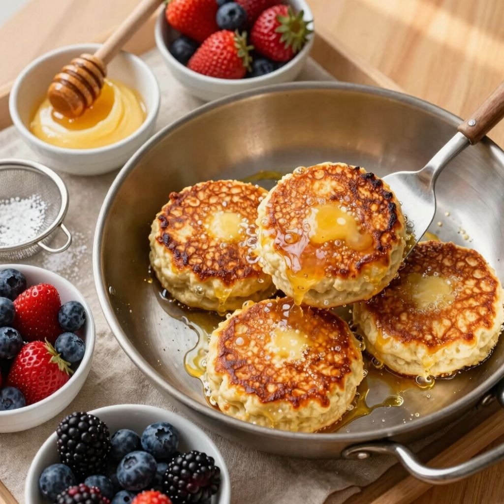 Golden brown fluffy johnny cakes in a skillet drizzled with honey, served with fresh berries.