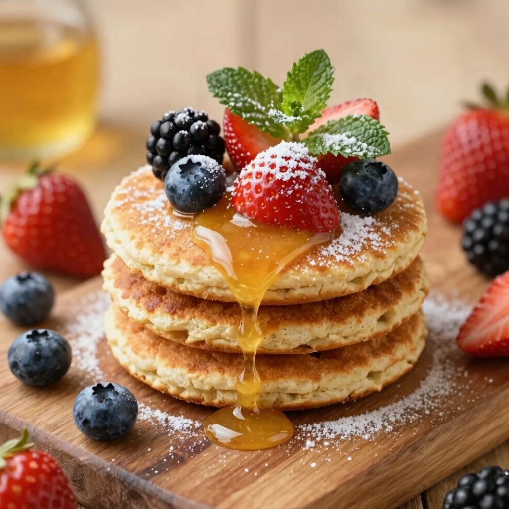 A stack of fluffy golden johnny cakes topped with fresh berries, and dripping honey syrup.