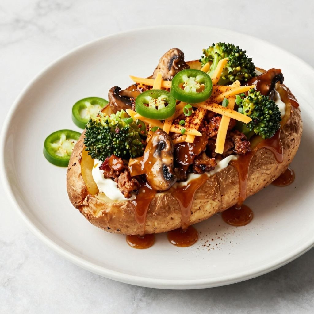 Loaded baked potato topped with mushrooms, broccoli, melted cheddar cheese, and jalapeรฑos on a white plate.