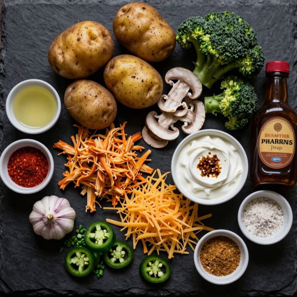 Fresh ingredients for a loaded baked potato including potatoes, broccoli, cheese, sliced mushrooms, and sour cream.