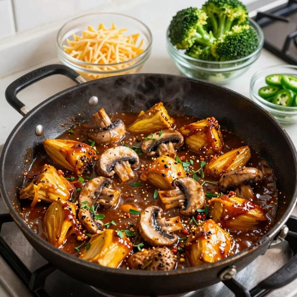 A savory stir-fry of mushrooms and jackfruit in a dark sauce simmering in a black skillet.