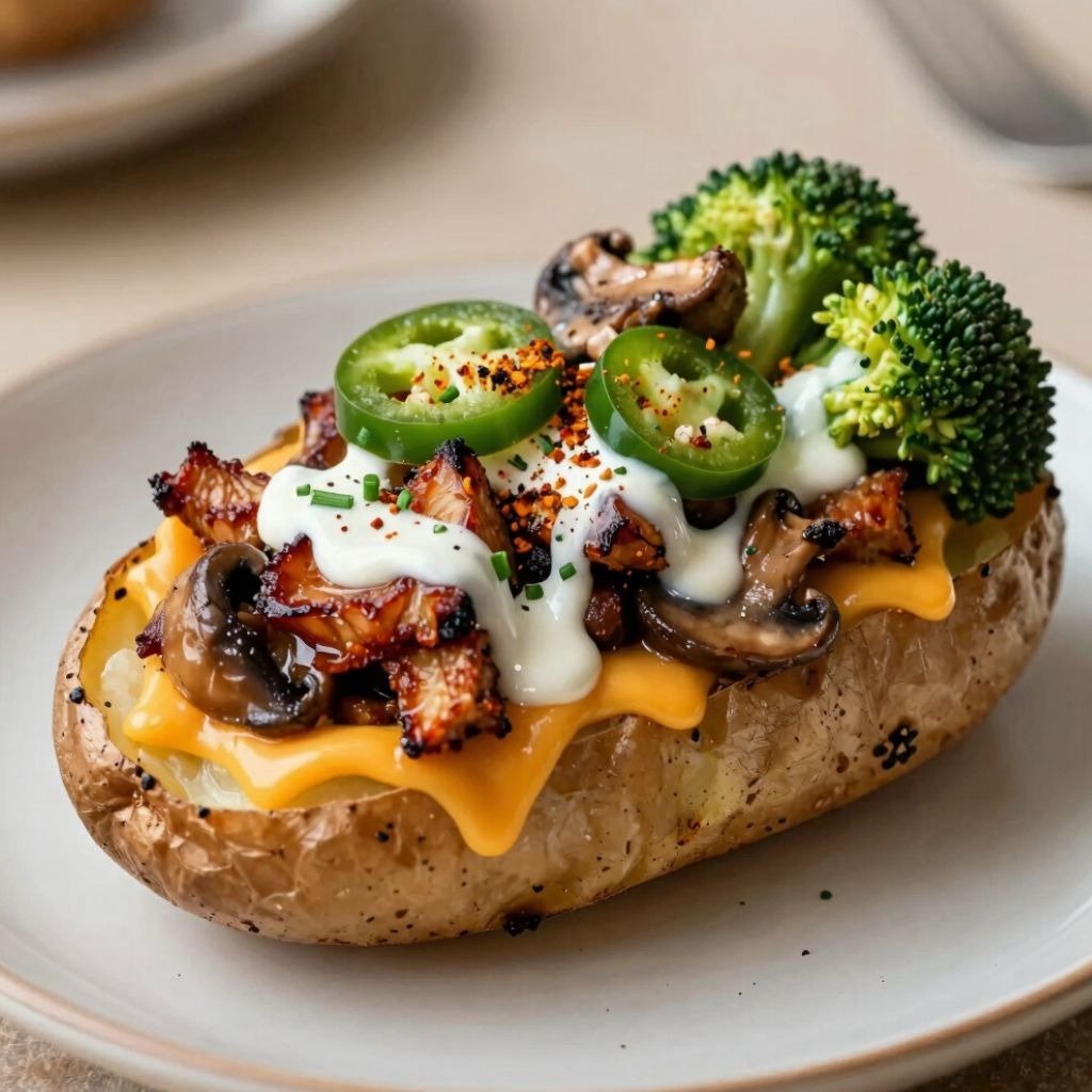 Loaded baked potato topped with melted cheddar cheese, jackfruit, mushrooms, jalapeรฑos, and broccoli