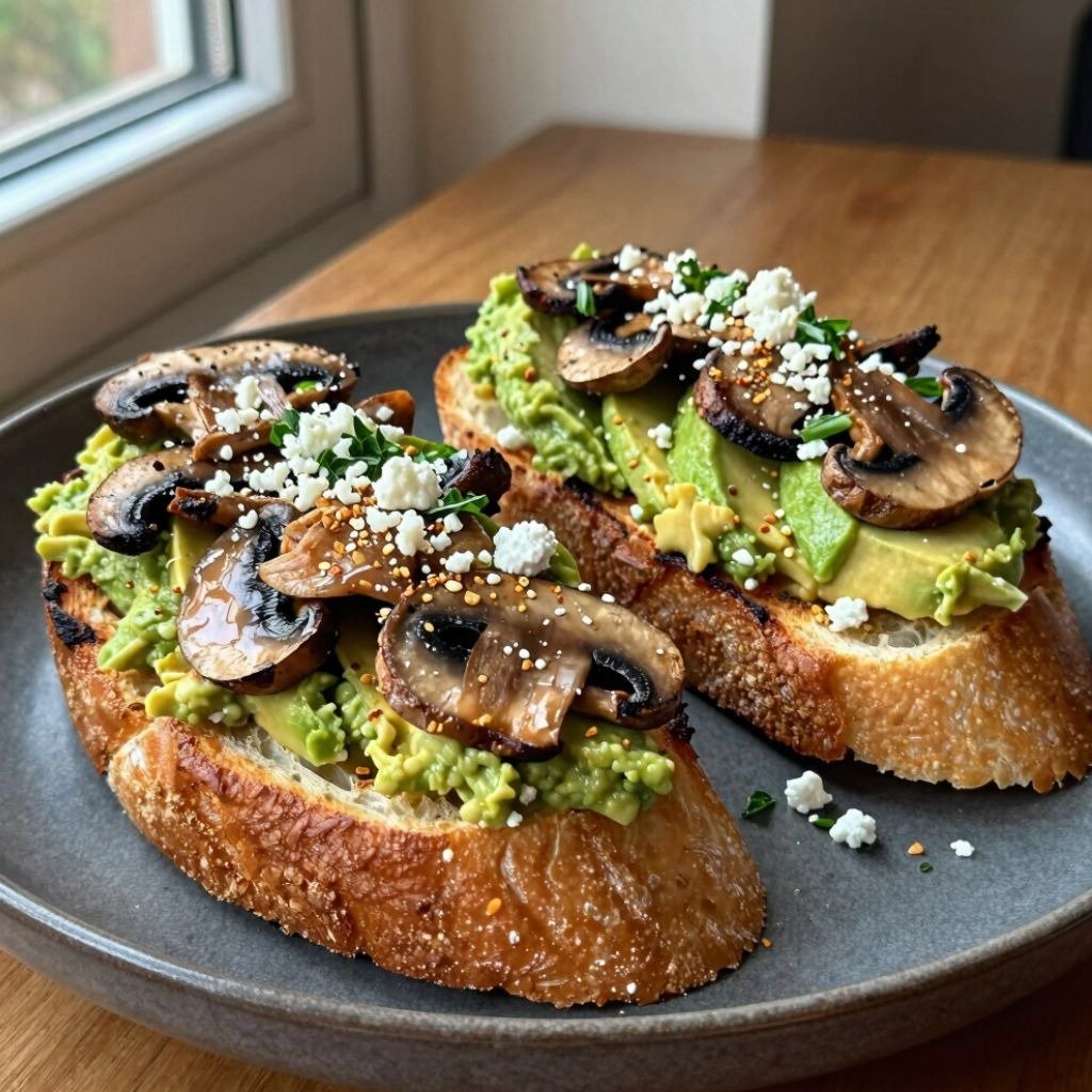 Two slices of avocado toast topped with sautéed mushrooms, feta cheese, and chives on a grey plate.