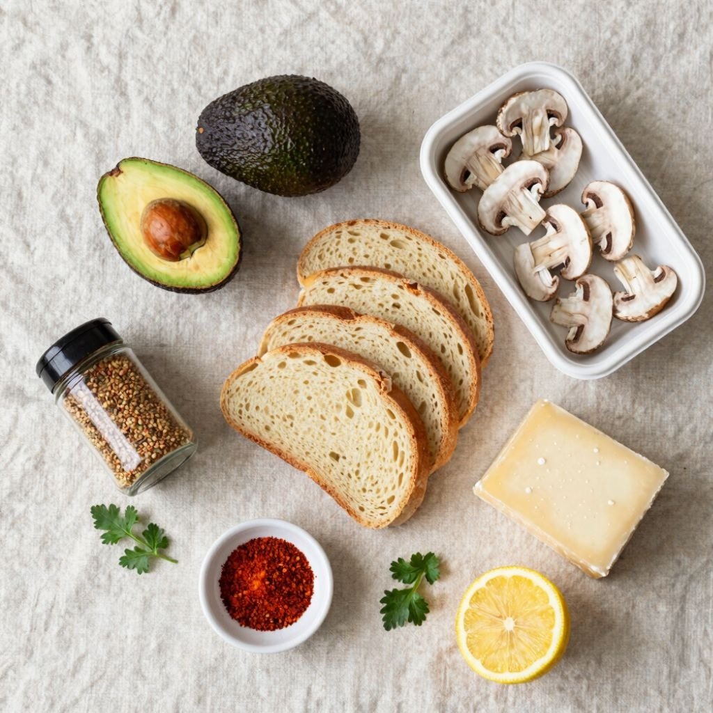 Fresh ingredients for avocado toast including sourdough bread slices, ripe avocado, sliced mushrooms, and spices.