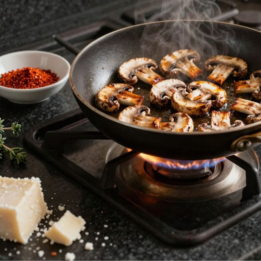 Sliced mushrooms sautéing in a hot skillet on a gas stove burner with steam rising and parmesan cheese nearby.