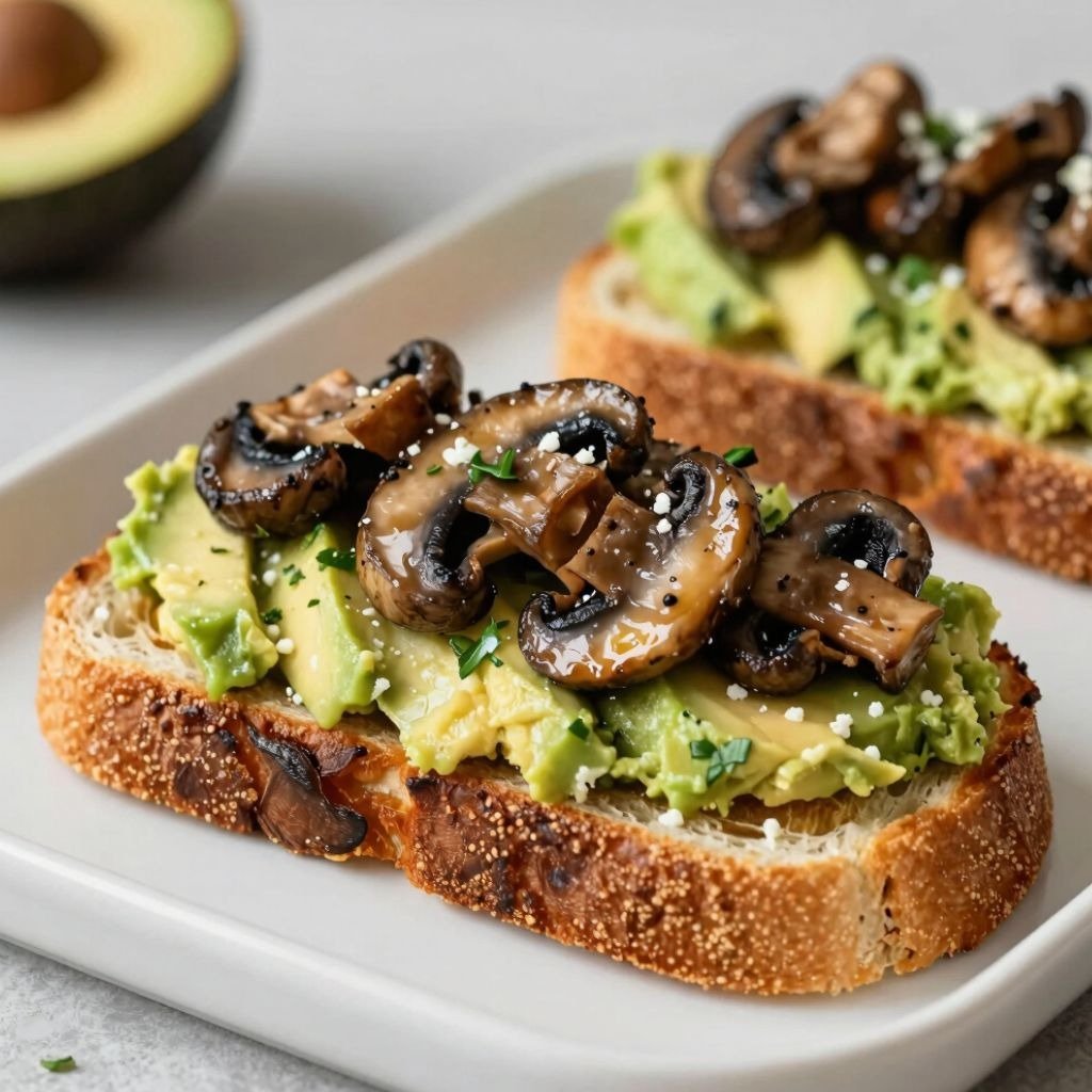 Slices of toasted bread topped with mashed avocado and sautéed balsamic mushrooms on a white plate.
