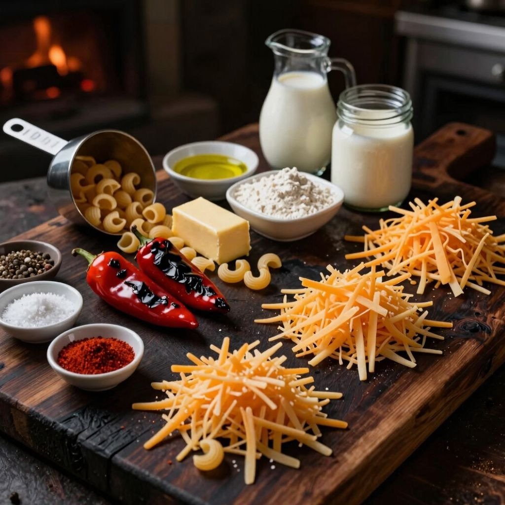 Fresh ingredients for spicy macaroni and cheese on a rustic wooden board with shredded cheddar, pasta, and red peppers.
