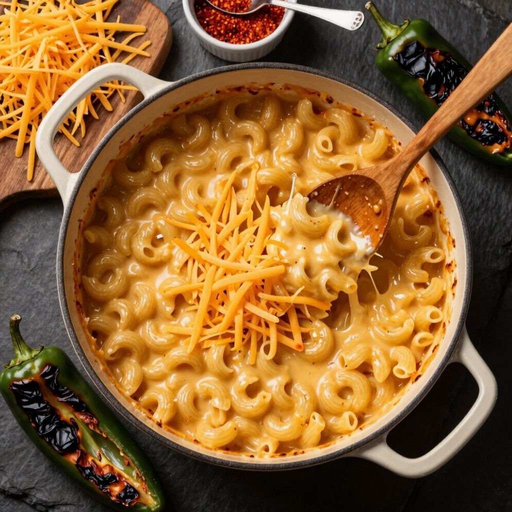 Creamy stovetop macaroni and cheese in a white pot topped with shredded cheddar and charred jalapeรฑo