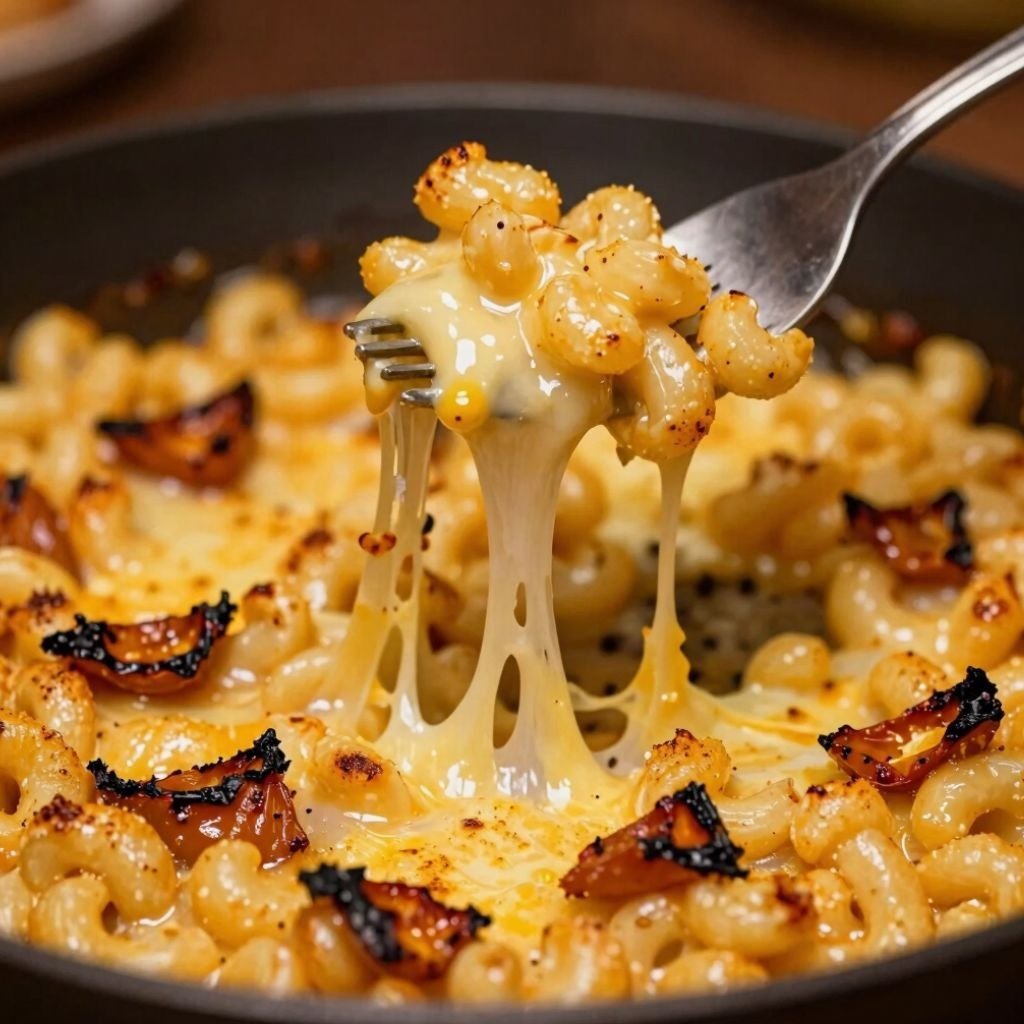 A fork lifts a bite of creamy baked macaroni and cheese with melted cheese strings.