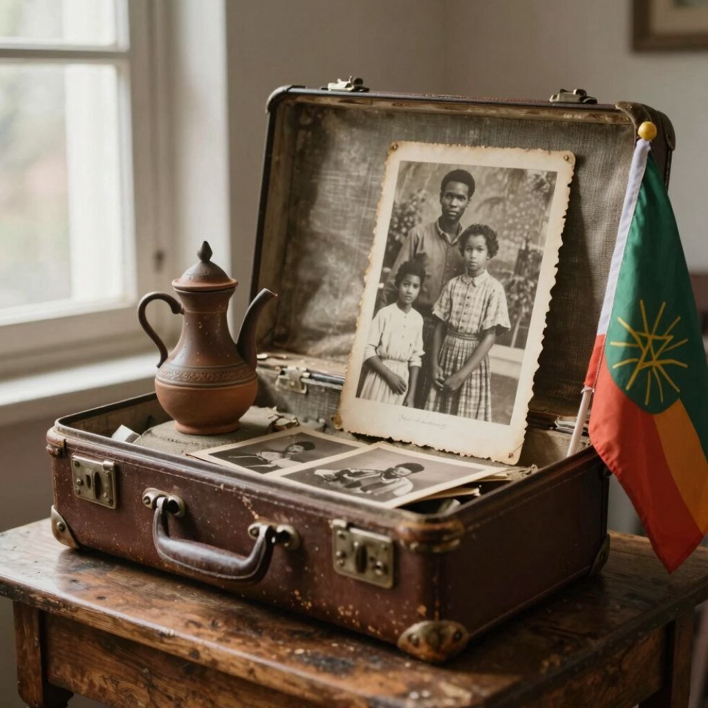 Vintage leather suitcase with old family photos, an Ethiopian flag, and a clay jebena coffee pot on a wooden table.