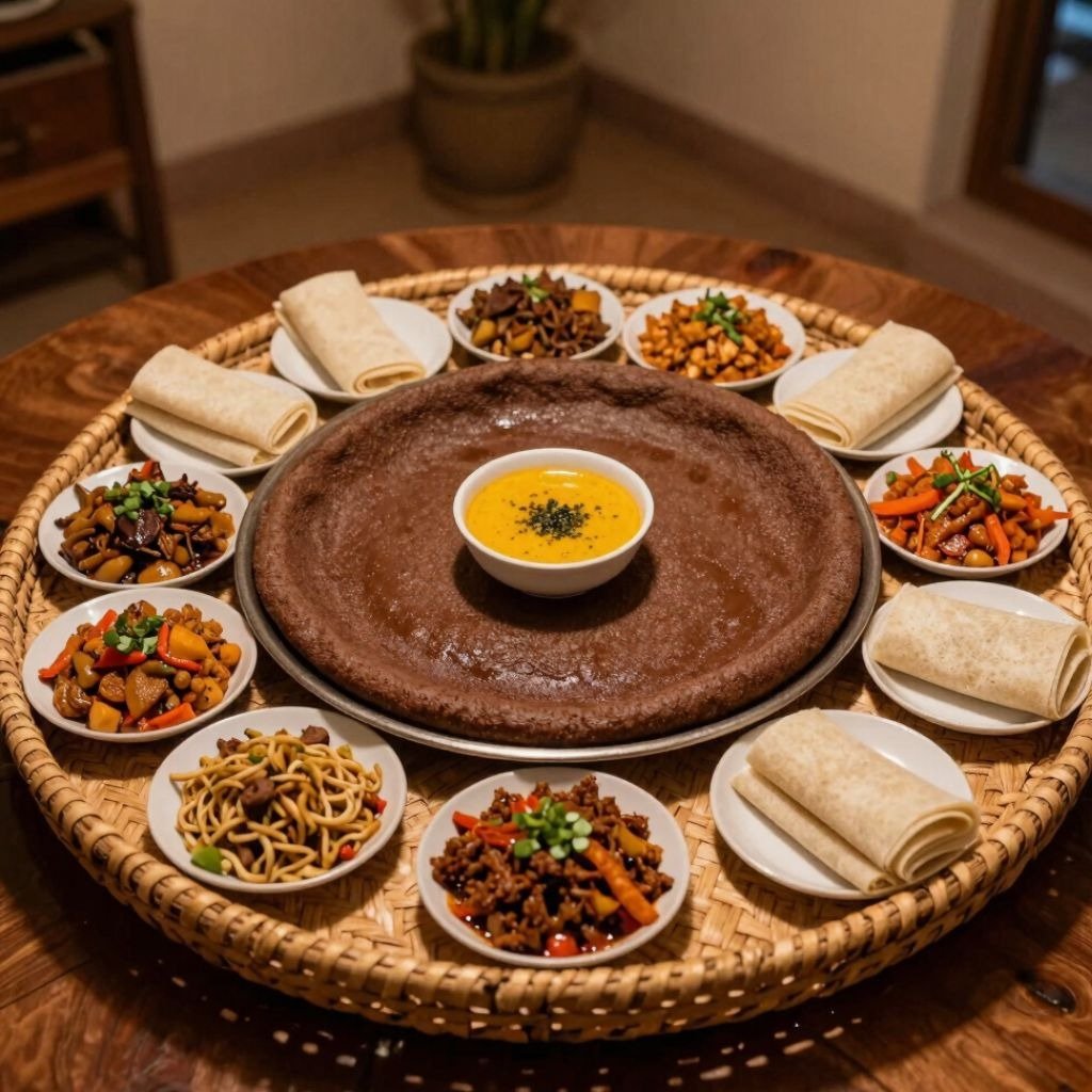 A traditional Ethiopian feast featuring injera bread, a central yellow dip, and various spiced stews in small white bowls.