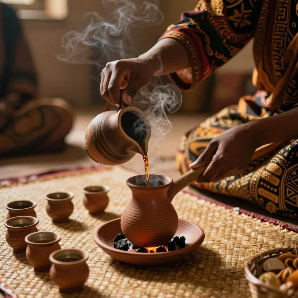 A person pouring steaming hot coffee from a clay pot into a traditional jebena during an Ethiopian coffee ceremony.