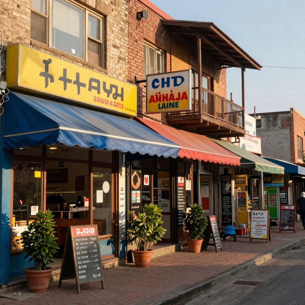 Street view of local shops with colorful awnings, storefront signs, and potted plants on a brick sidewalk.