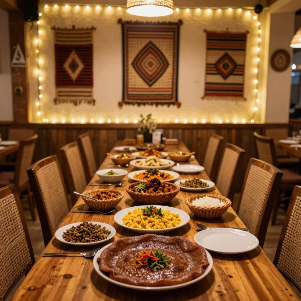 A long wooden table set with traditional Ethiopian cuisine including injera, stews, and side dishes in a cozy restaurant.