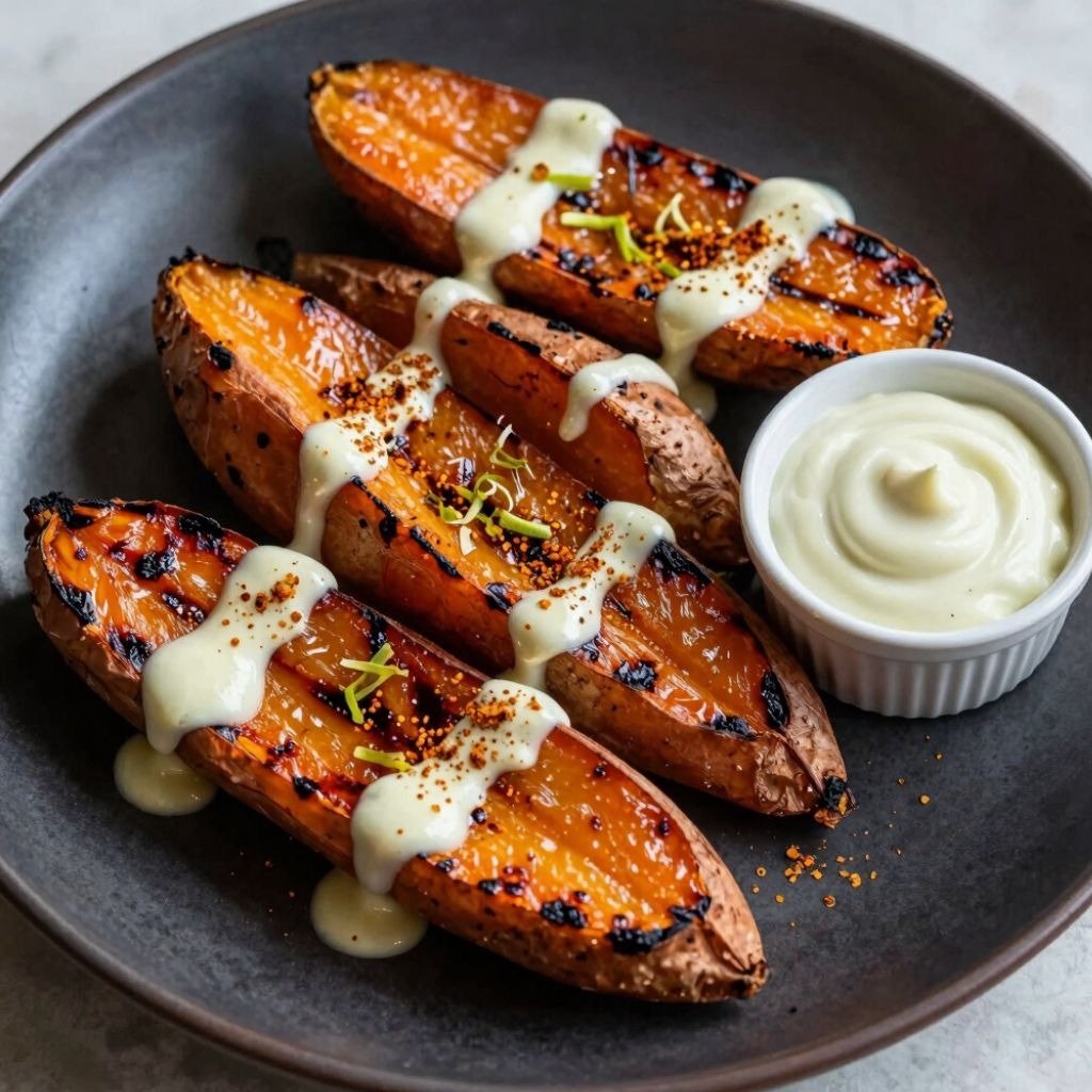 Grilled sweet potato skins drizzled with white sauce, served with lime wedges and a creamy dip on a