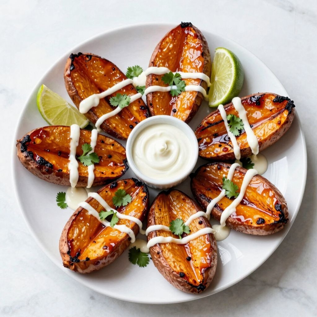 Grilled sweet potato wedges with crema drizzle, cilantro, and lime wedges served with a side of dipping sauce.