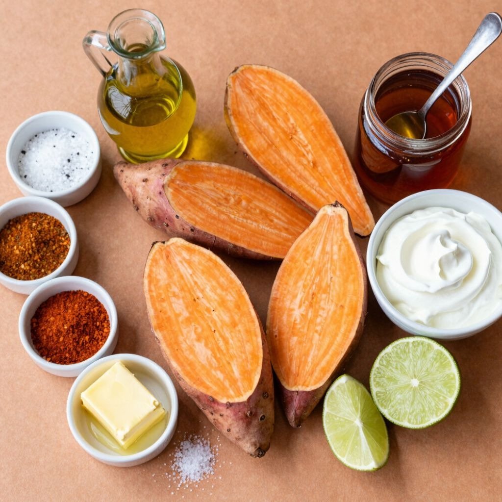 Sliced raw sweet potatoes surrounded by olive oil, honey, spices, butter, lime, and sour cream on brown paper.