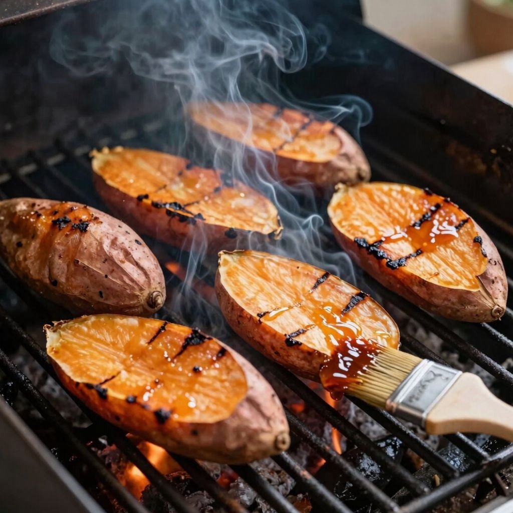 A pastry brush glazing halved sweet potatoes with grill marks and rising smoke on a hot outdoor barbecue grill.