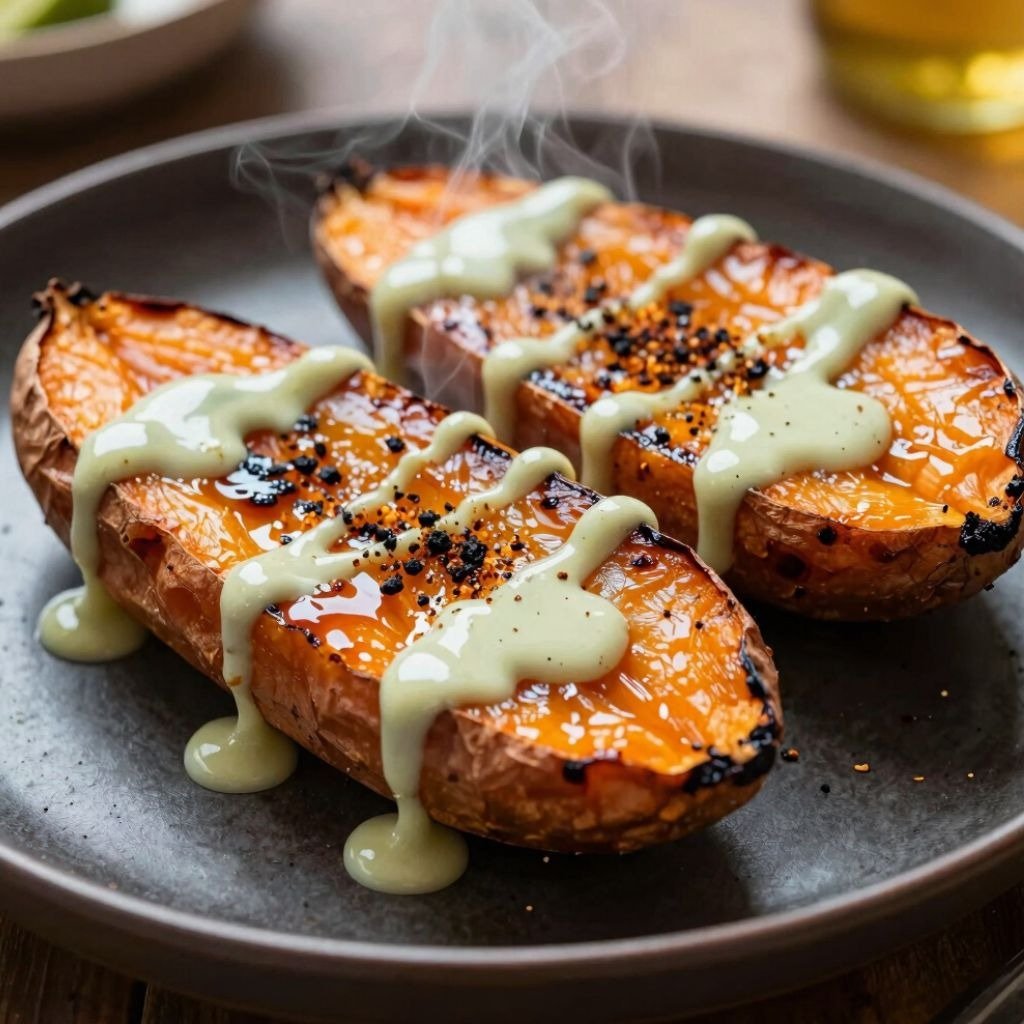 Roasted sweet potato halves drizzled with creamy lime sauce and black sesame seeds on a dark plate.