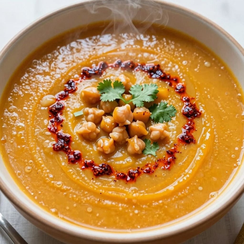 A steaming bowl of Moroccan Spiced Butternut Squash soup topped with chickpeas and chili oil.