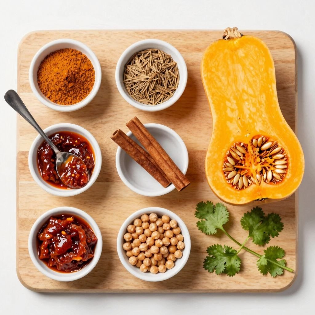 A wooden board with butternut squash, chickpeas, cinnamon sticks, and aromatic spices in small white bowls.