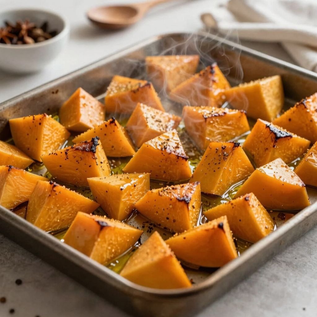 Hot steaming roasted butternut squash cubes seasoned with black pepper on a baking tray.