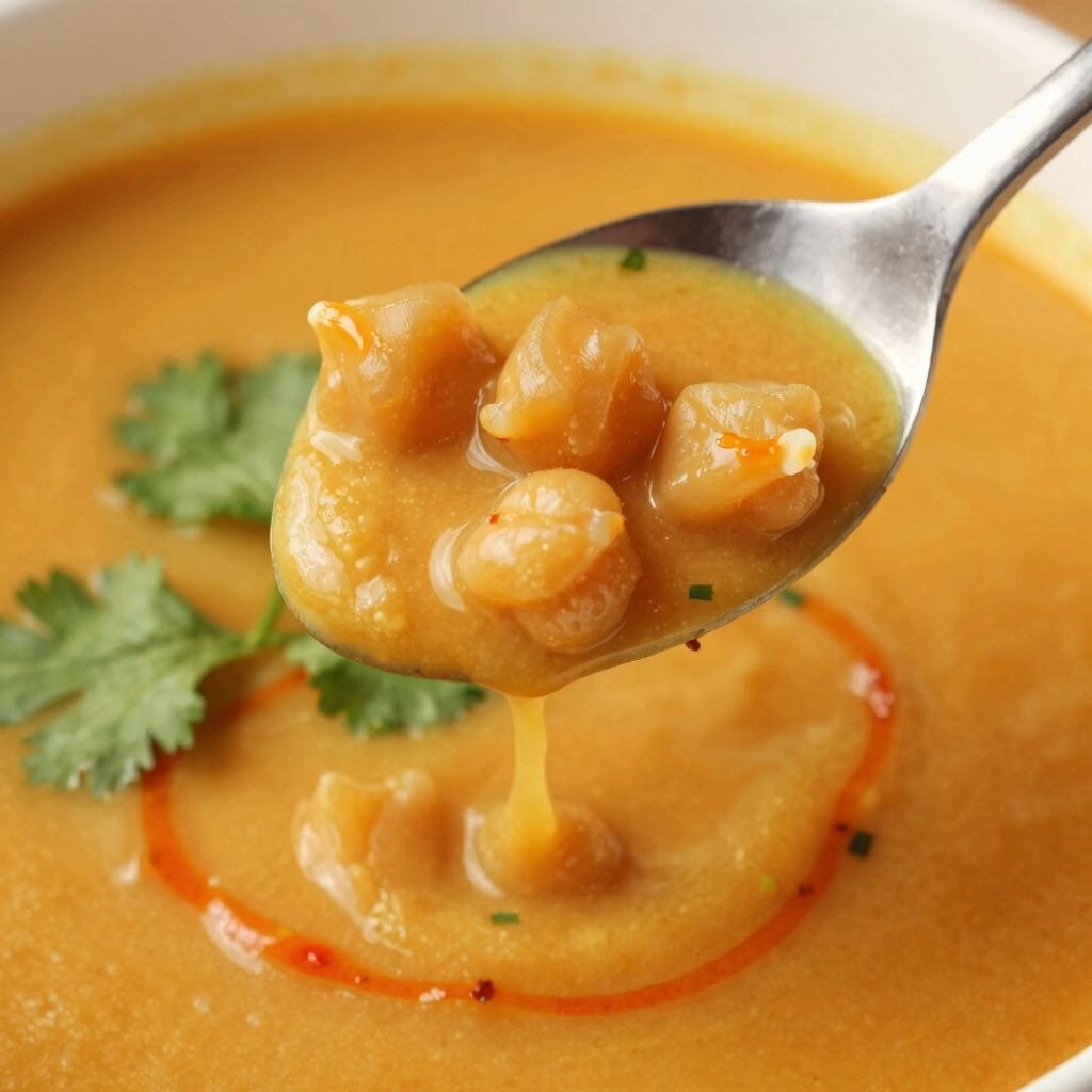 A spoonful of Moroccan Spiced Butternut Squash soup topped with chickpeas and chili oil.