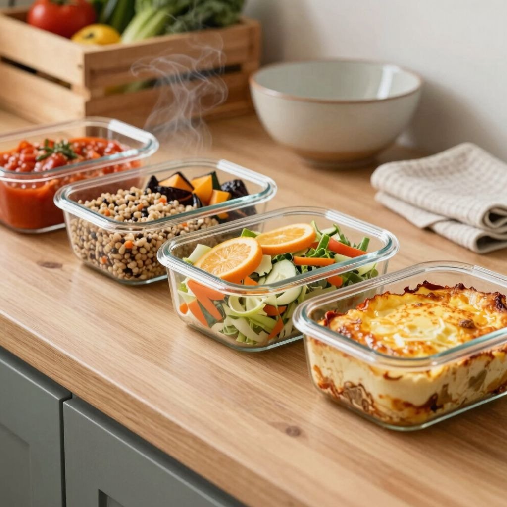 Four glass meal prep containers filled with steaming healthy food, salads, and lasagna on a wooden kitchen counter.