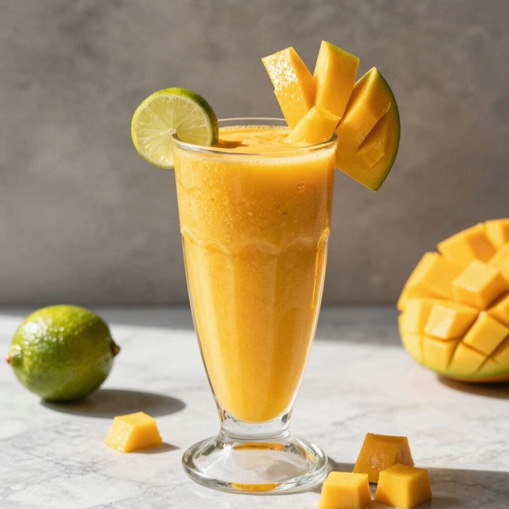 A refreshing yellow mango smoothie in a glass garnished with lime and fresh mango slices on a white marble surface.