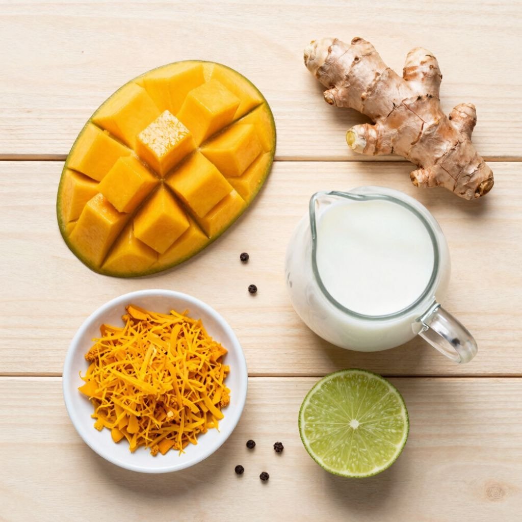 Fresh ingredients for a golden milk smoothie including diced mango, turmeric, ginger, lime, and milk on a wooden table.