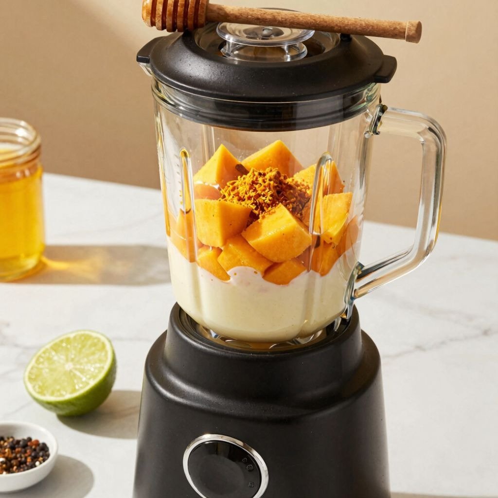 A glass blender filled with sliced mango, coconut milk, and turmeric spices for a healthy smoothie.