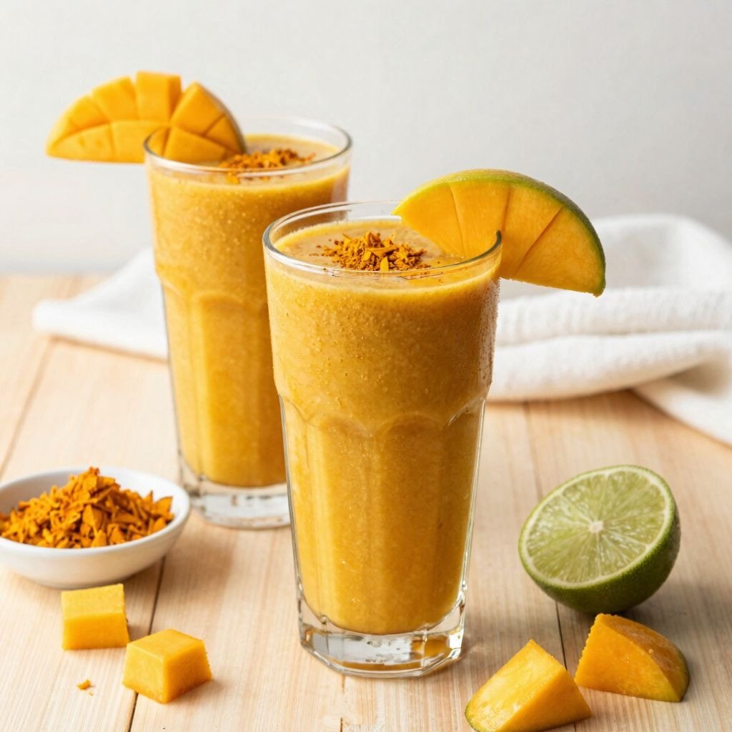 Two glasses of yellow mango smoothie garnished with fresh mango slices and turmeric on a wooden table.
