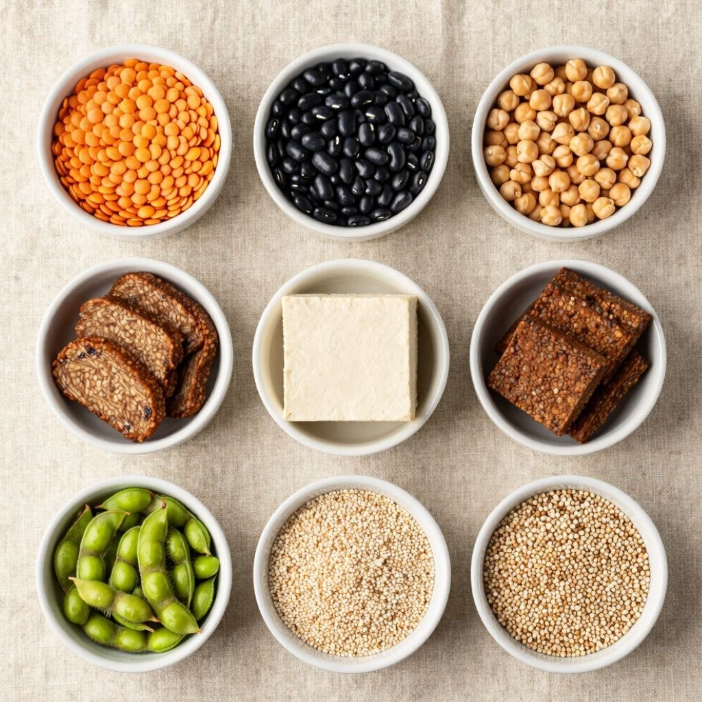 Nine small white bowls filled with plant-based protein sources like lentils, black beans, chickpeas,
