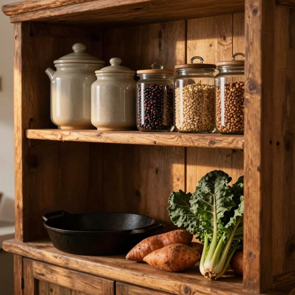 Rustic wooden pantry shelf holding glass jars of beans, ceramic canisters, sweet potatoes, and fresh leafy greens.