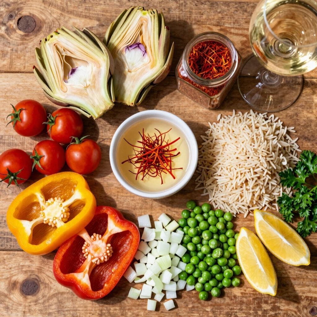 Flat lay of paella ingredients including saffron, rice, artichokes, and fresh vegetables on a rustic wooden table.