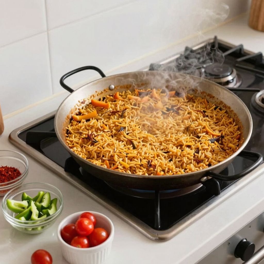 Steaming paella cooking in a metal pan on a gas stove with fresh peppers and tomatoes on the side.
