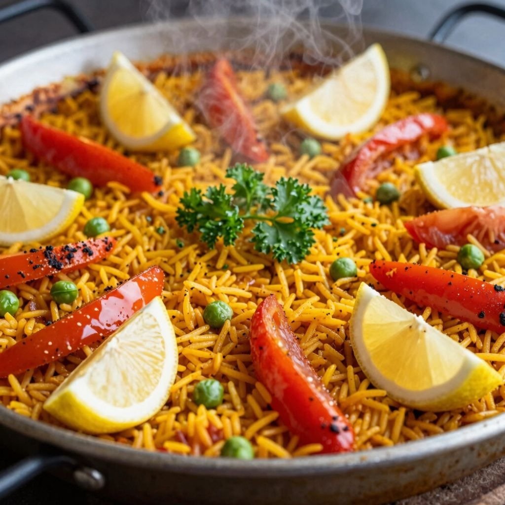 Steaming hot Spanish paella with saffron rice, green peas, red peppers, and fresh lemon wedges in a traditional metal pan.