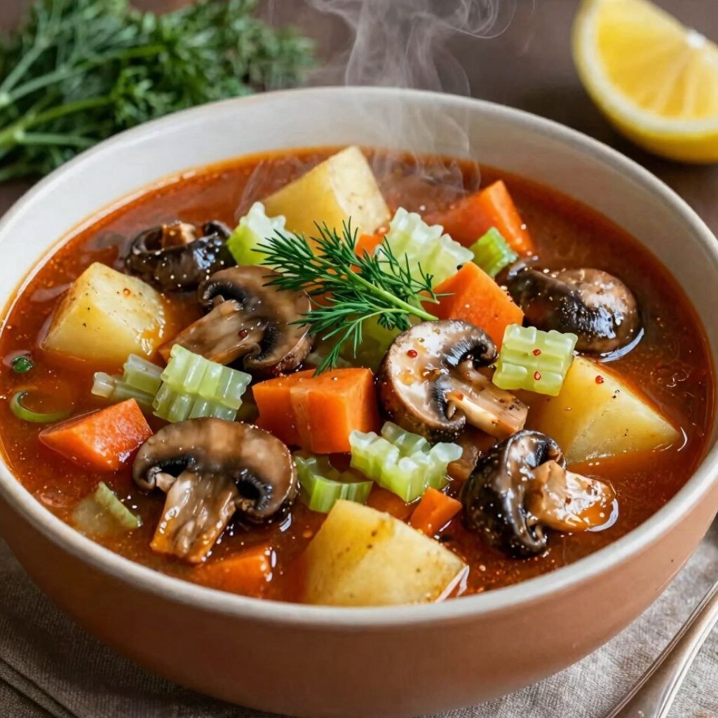 A steaming bowl of vegetable soup with mushrooms, potatoes, carrots, and celery garnished with fresh dill.
