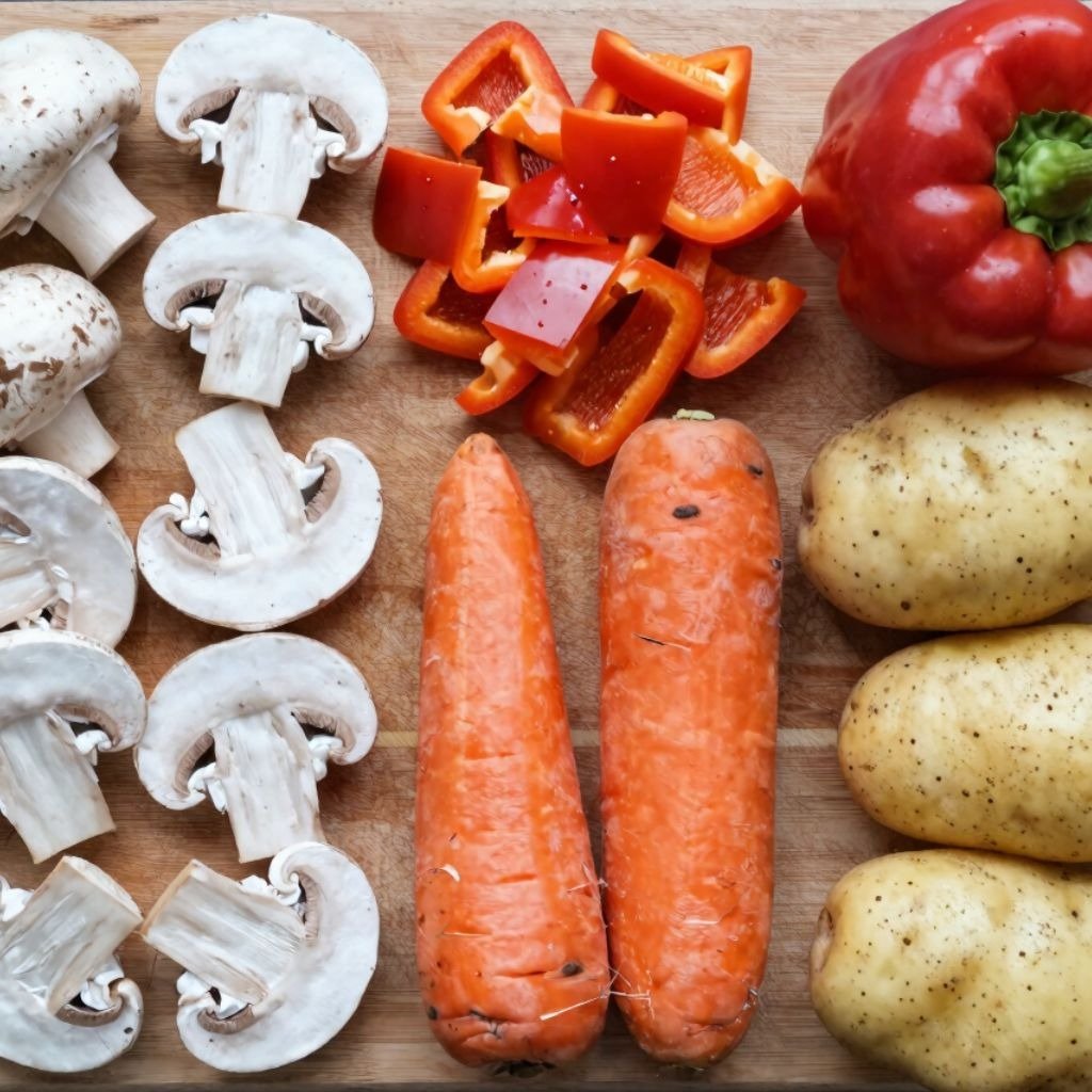 Fresh sliced white mushrooms, chopped red bell peppers, whole carrots, and yellow potatoes on a wooden cutting board.