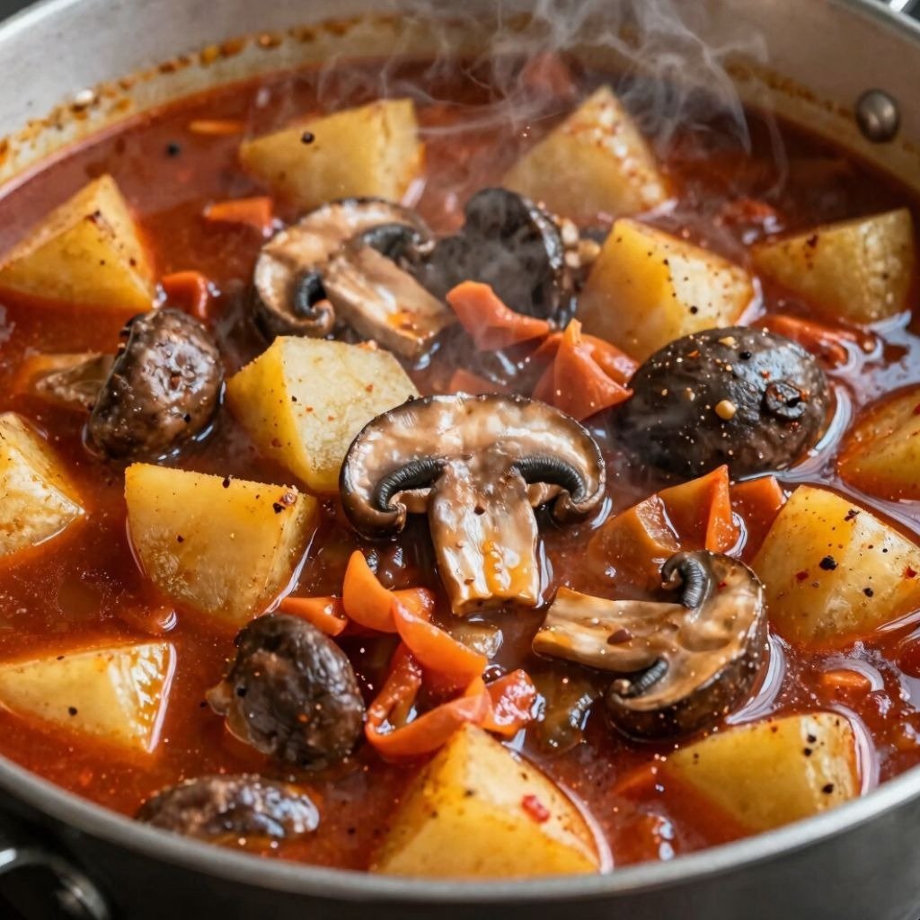 A steaming pot of hearty vegetable stew featuring chunks of golden potatoes and sliced mushrooms in a rich tomato broth.