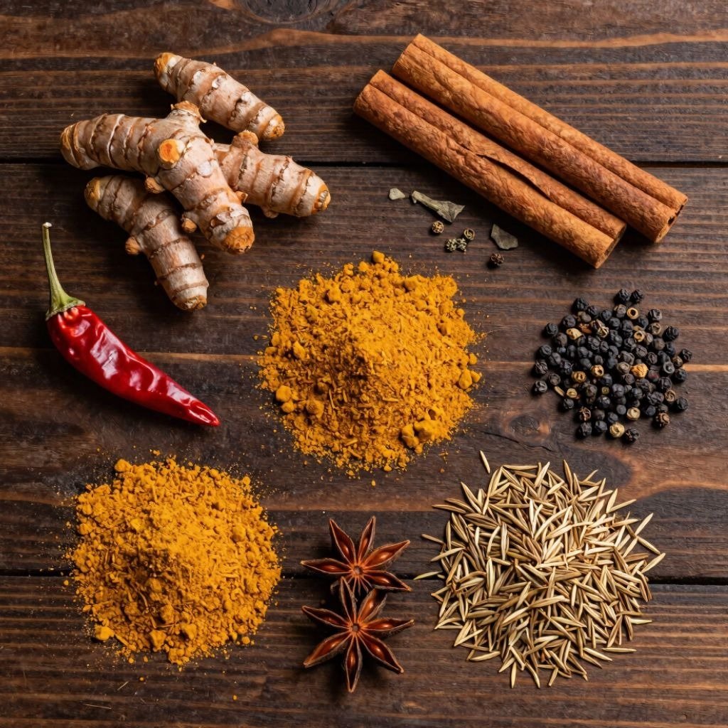 A variety of aromatic spices including turmeric root, powder, cinnamon sticks, chili pepper, and cum