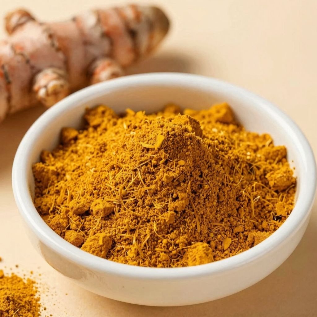 Golden yellow turmeric powder in a white ceramic bowl with a fresh turmeric root in the background.
