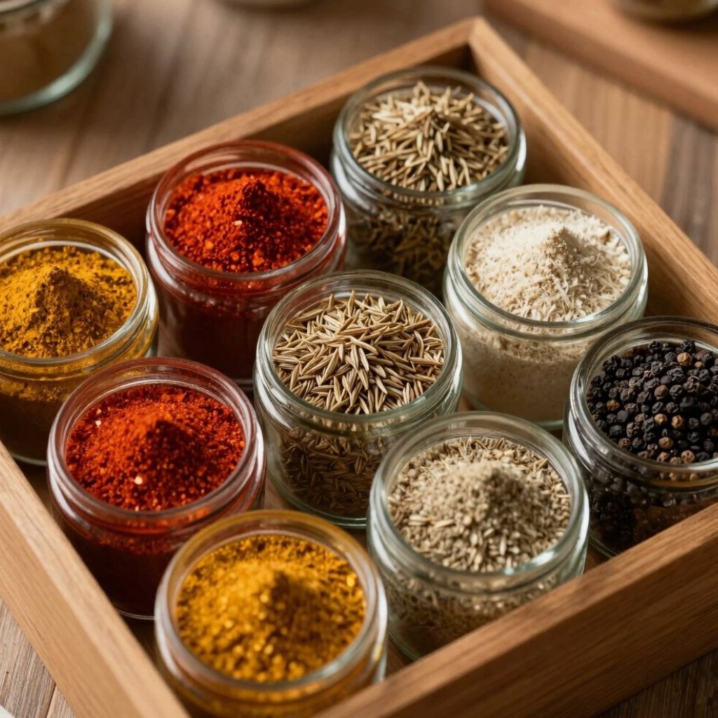 A wooden spice box containing small glass jars filled with colorful seasonings like cumin seeds, pap
