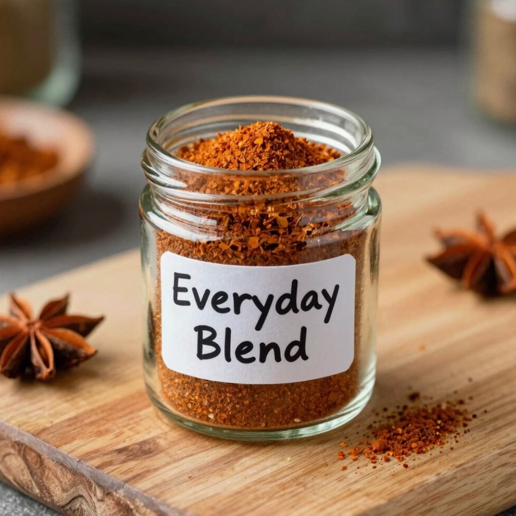 A small glass spice jar labeled Everyday Blend filled with red pepper flakes and seasoning on a wooden cutting board.