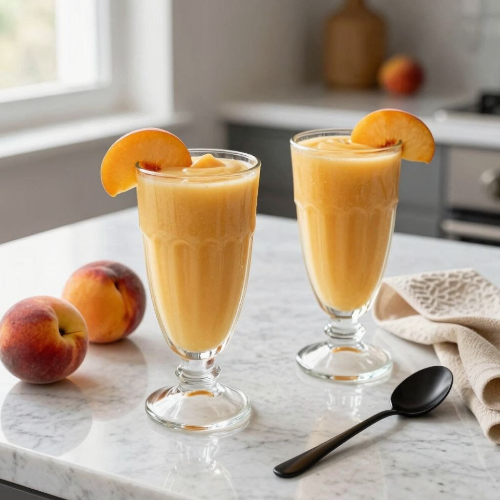 Fresh peach cobbler shakes garnished with fruit slices on a white marble kitchen counter.