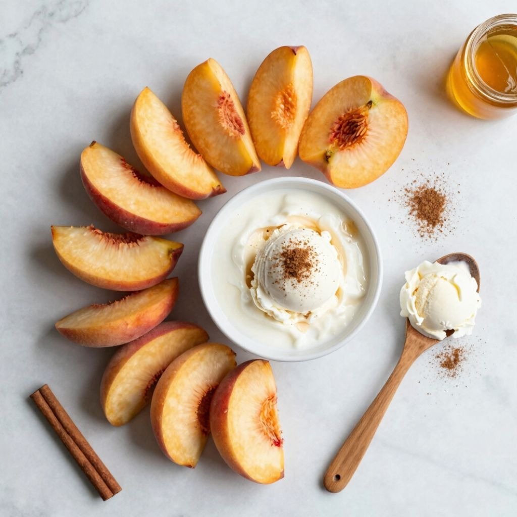 Fresh peach slices arranged around a bowl of Greek yogurt with honey, cinnamon, and a scoop of vanil
